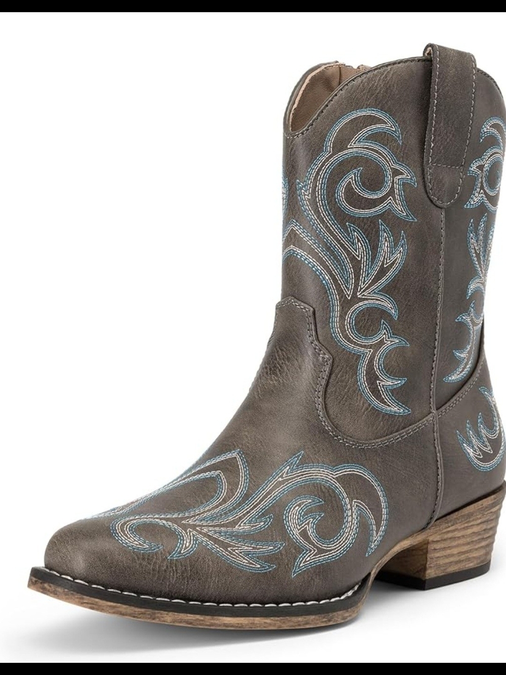 Brown Western Embroidered Cowboy Boots with Blue Stitching And Zipper
